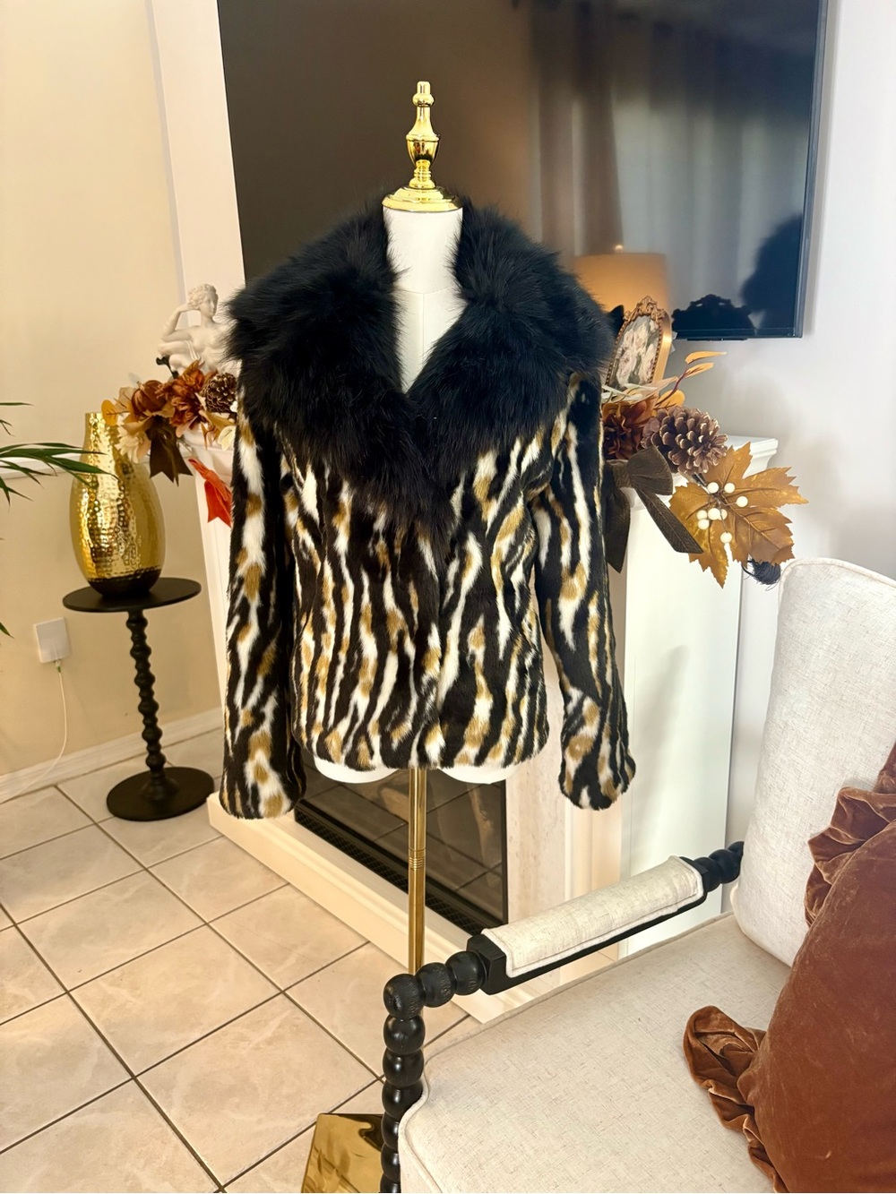 Women's Faux Fur Animal-Print Jacket with Black Fur Collar